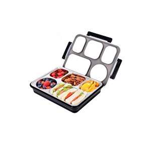 Bento 1600ml Lunchbox Yeni Koleksiyon Tek Katlı 5 Bölmeli Çelik Sefer Tası Yemek Kutusu Siyah