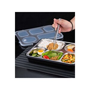 Bento 1600ml Lunchbox Yeni Koleksiyon Tek Katlı 5 Bölmeli Çelik Sefer Tası Yemek Kutusu Siyah