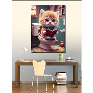 Kanvas Tablo Gazete Okuyan Tuvaletteki Kedi 100x140 cm
