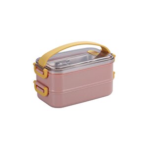Bento 1400ml Lunchbox Yeni Koleksiyon 2 Katlı Çelik Sefer Tası Yemek Kutusu Pudra Pembe