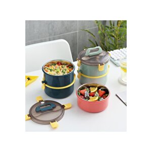 Vagonlife Bento 1600ml Yuvarlak Lunchbox Yeni Koleksiyon Çift Katlı Çelik Sefer Tası Yemek Kutusu Açık Yeşil