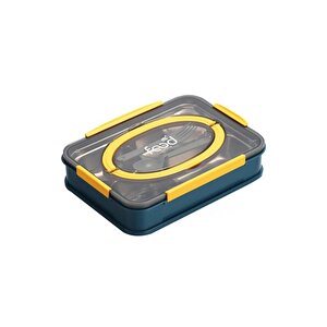 Bento 1000ml Lunchbox Yeni Koleksiyon Tek Kat 4 Bölme Çelik Sefer Tası Yemek Kutusu Lacivert-sarı