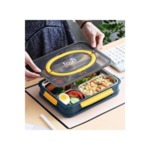 Vagonlife Bento 1000ml Lunchbox Yeni Koleksiyon Tek Kat 4 Bölme Çelik Sefer Tası Yemek Kutusu Lacivert-sarı