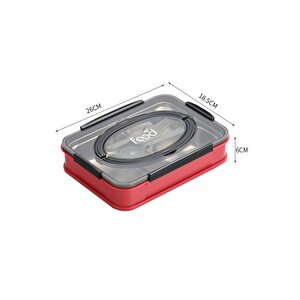 Bento 1000ml Lunchbox Yeni Koleksiyon Tek Kat 4 Bölme Çelik Sefer Tası Yemek Kutusu Kırmızı-siyah