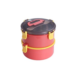 Bento 1600ml Yuvarlak Lunchbox Yeni Koleksiyon Çift Katlı Çelik Sefer Tası Yemek Kutusu Açık Kırmızı