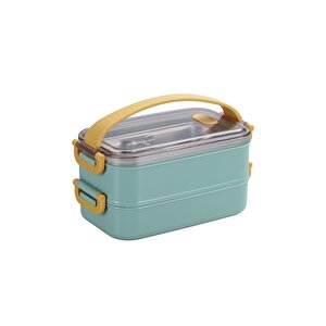 Bento 1400ml Lunchbox Yeni Koleksiyon 2 Katlı Çelik Sefer Tası Yemek Kutusu Açık Yeşil