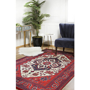 Klasik Kırmızı Salon&yolluk Dijital Baskılı Makinede Yıkanabilir Kaymaz Taban Saçaklı Halı Hk117 240x340 cm