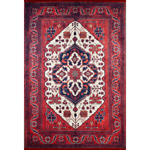 Klasik Kırmızı Salon&yolluk Dijital Baskılı Makinede Yıkanabilir Kaymaz Taban Saçaklı Halı Hk117 120x180 cm