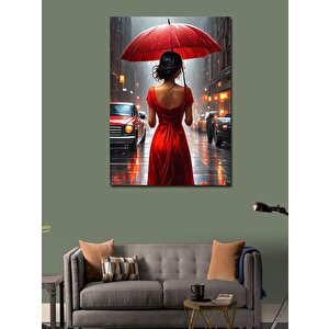 Kanvas Tablo Yağmurlu Gün Kırmızı Elbiseli Kadın 100x140 cm