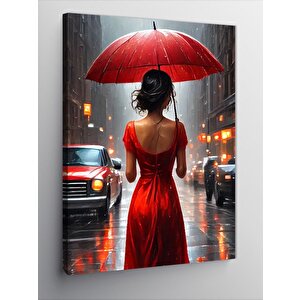 Kanvas Tablo Yağmurlu Gün Kırmızı Elbiseli Kadın 50x70 cm