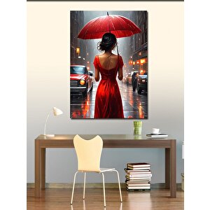 Kanvas Tablo Yağmurlu Gün Kırmızı Elbiseli Kadın 50x70 cm