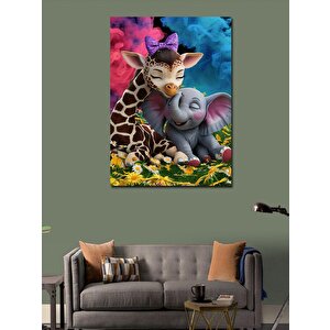 Kanvas Tablo Yavru Fil Ve Zürafa 70x100 cm