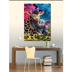 Kanvas Tablo Yavru Fil Ve Zürafa 70x100 cm