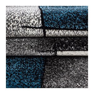 Modern Desenli Oymalı Halı Kareli Gölgeli Siyah Gri Mavi Beyaz 160x230 cm