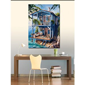 Kanvas Tablo Deniz Kenarındaki Mavi Ev 100x140 cm