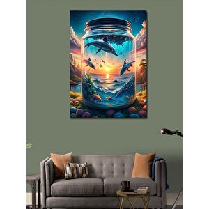 Kanvas Tablo Kavanozdaki Yunuslar Ve Deniz 50x70 cm