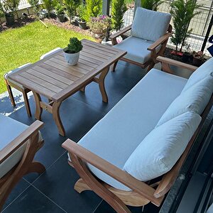 Angela Masif Ahşap Bahçe Balkon Koltuk Kayın Ağacı 3+1+1 Koltuk, Masa (Puf Hariç)