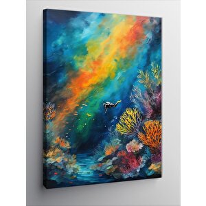 Kanvas Tablo Renkli Mercanlar Ve Dalgıç 100x140 cm