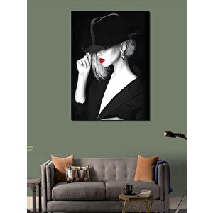 Kanvas Tablo Siyah Beyaz Kırmızı Rujlu Kadın 100x140 cm
