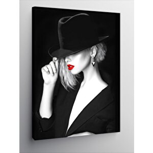 Kanvas Tablo Siyah Beyaz Kırmızı Rujlu Kadın 70x100 cm