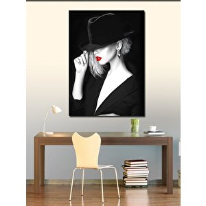 Kanvas Tablo Siyah Beyaz Kırmızı Rujlu Kadın 70x100 cm