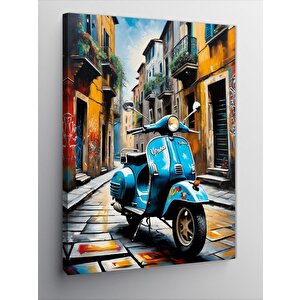 Kanvas Tablo Retro Mavi Ve Scooter Motosiklet 70x100 cm