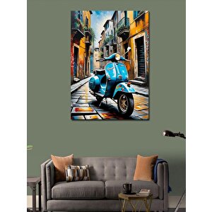 Kanvas Tablo Retro Mavi Ve Scooter Motosiklet 70x100 cm