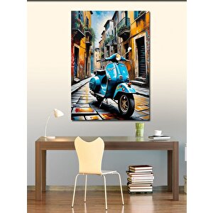 Kanvas Tablo Retro Mavi Ve Scooter Motosiklet 70x100 cm