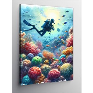 Kanvas Tablo Renkli Mercanlar Ve Dalgıç 50x70 cm