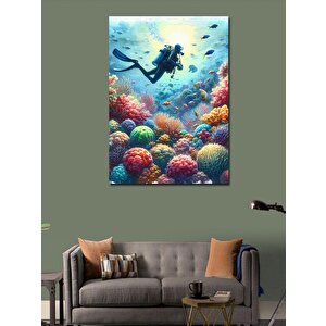 Kanvas Tablo Renkli Mercanlar Ve Dalgıç 50x70 cm