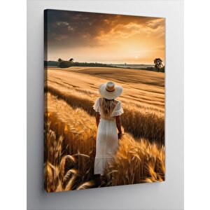 Kanvas Tablo Tarlada Hasır Şapkalı Kadın 100x140 cm