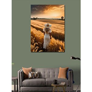 Kanvas Tablo Tarlada Hasır Şapkalı Kadın 100x140 cm