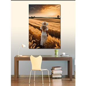 Kanvas Tablo Tarlada Hasır Şapkalı Kadın 100x140 cm