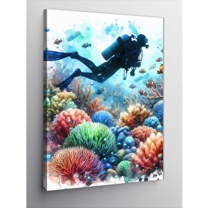 Kanvas Tablo Renkli Mercanlar Ve Dalgıç 100x140 cm