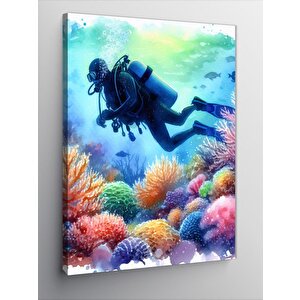 Kanvas Tablo Renkli Mercanlar Ve Dalgıç 50x70 cm