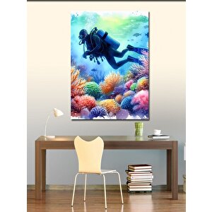 Kanvas Tablo Renkli Mercanlar Ve Dalgıç 50x70 cm