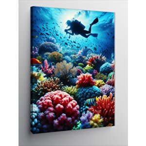 Kanvas Tablo Renkli Mercanlar Ve Dalgıç 50x70 cm