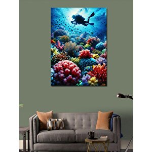 Kanvas Tablo Renkli Mercanlar Ve Dalgıç 50x70 cm