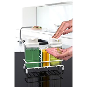Beyaz Deluxe Kare Standlı 2'li Şeffaf Sıvı Sabunluk