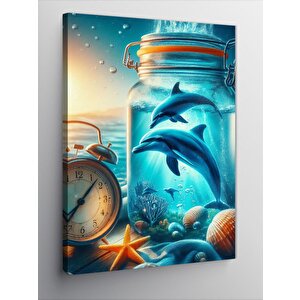 Kanvas Tablo Çalar Saat Ve Kavanozdaki Yunuslar 70x100 cm