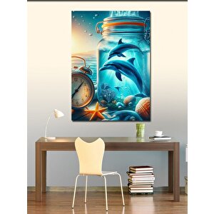 Kanvas Tablo Çalar Saat Ve Kavanozdaki Yunuslar 50x70 cm