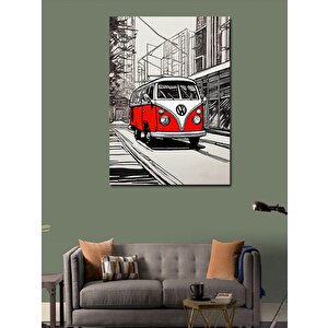 Kanvas Tablo Kırmızı Minibüs Çizimi 70x100 cm