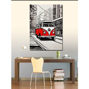 Kanvas Tablo Kırmızı Minibüs Çizimi 70x100 cm