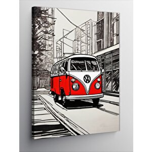Kanvas Tablo Kırmızı Minibüs Çizimi 100x140 cm
