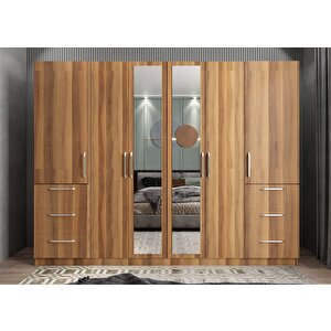 Zeren 6 Kapaklı 6 Çekmeceli Gardırop Dolap Ceviz 240 Cm Montaj Dahil