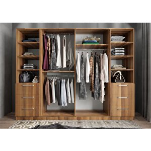Zeren 6 Kapaklı 6 Çekmeceli Gardırop Dolap Ceviz 240 Cm Montaj Dahil