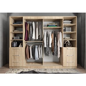 Riga Sürgü Kapaklı 6 Çekmeceli Gardırop Dolap Meşe 208 Cm Montaj Dahil
