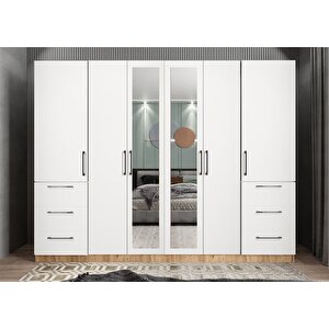 Zeren 6 Kapaklı 6 Çekmeceli Gardırop Dolap Çam Beyaz 240 Cm Montaj Dahil