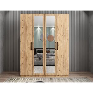 Bevel 4 Kapaklı Gizli Çekmeceli Gardırop Dolap Çam 140 Cm Montaj Dahil