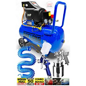 Bakır Sargı Motor Gerçek 50lt 2hp Süper Hızlı Dolum Daflongsseri Hava Kompresörü Havalı Boya Set